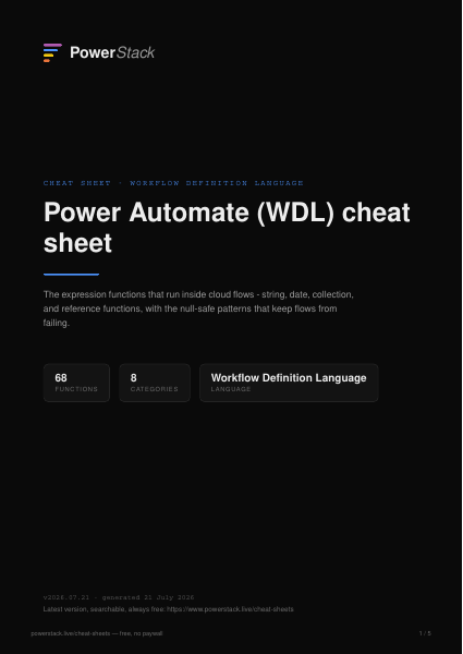 First page of the Power Automate (WDL) cheat sheet PDF
