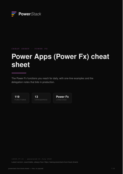 First page of the Power Apps (Power Fx) cheat sheet PDF